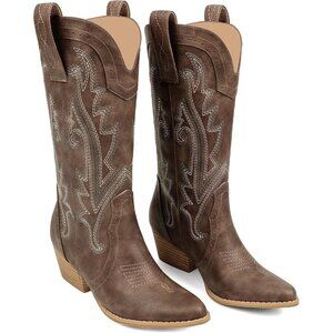 Women Synthetic Brown Boots Mid-calf Pointy Toe Chunky Heels Embroidered Boot